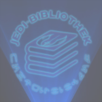 Das Logo der Jedi-Bibliothek als blau-schimmerndes Hologramm vor einem schwarzen Hintergrund