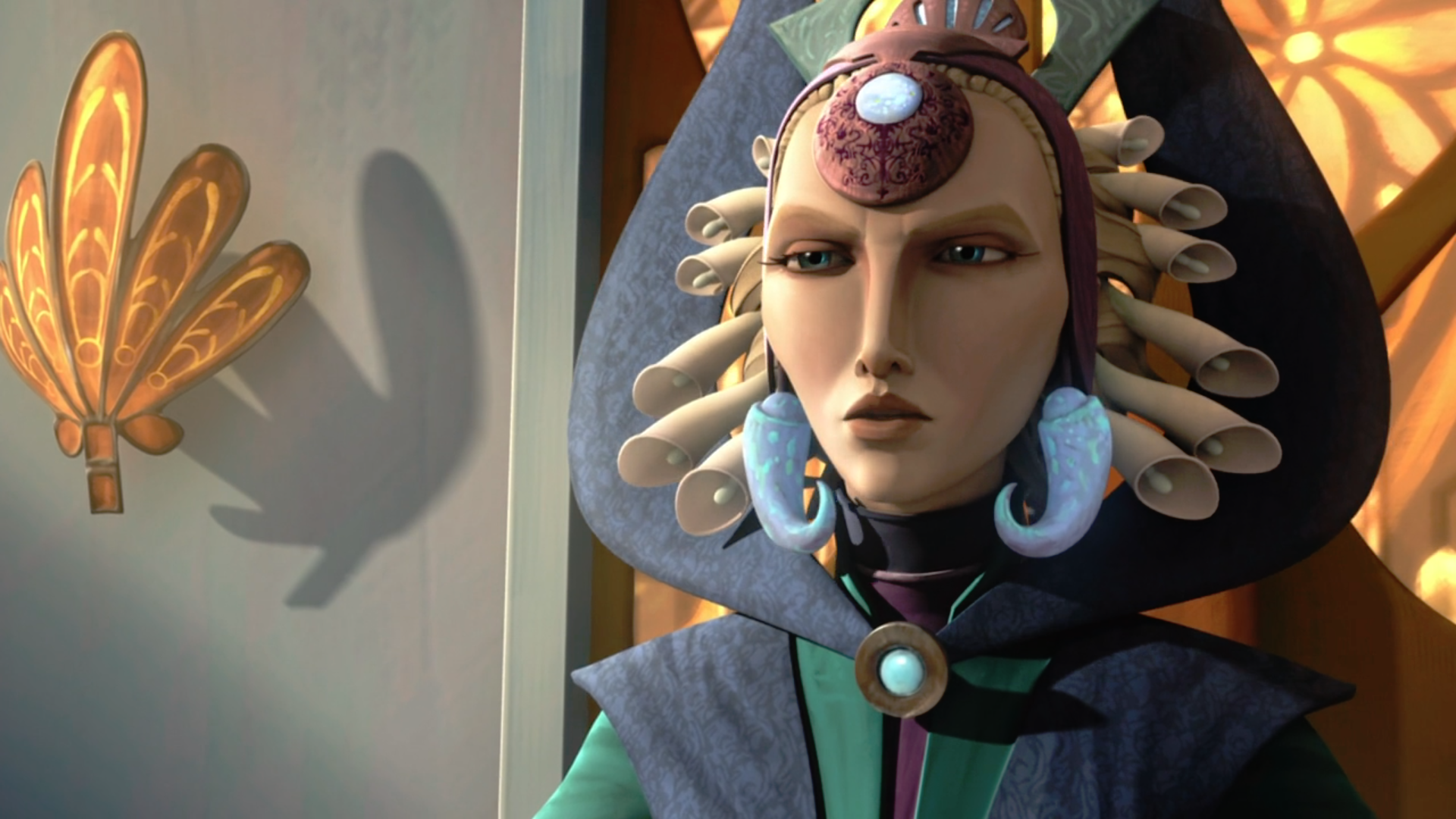 Herzogin Satine Kryze empfängt Obi-Wan in ihrem Thronsaal.