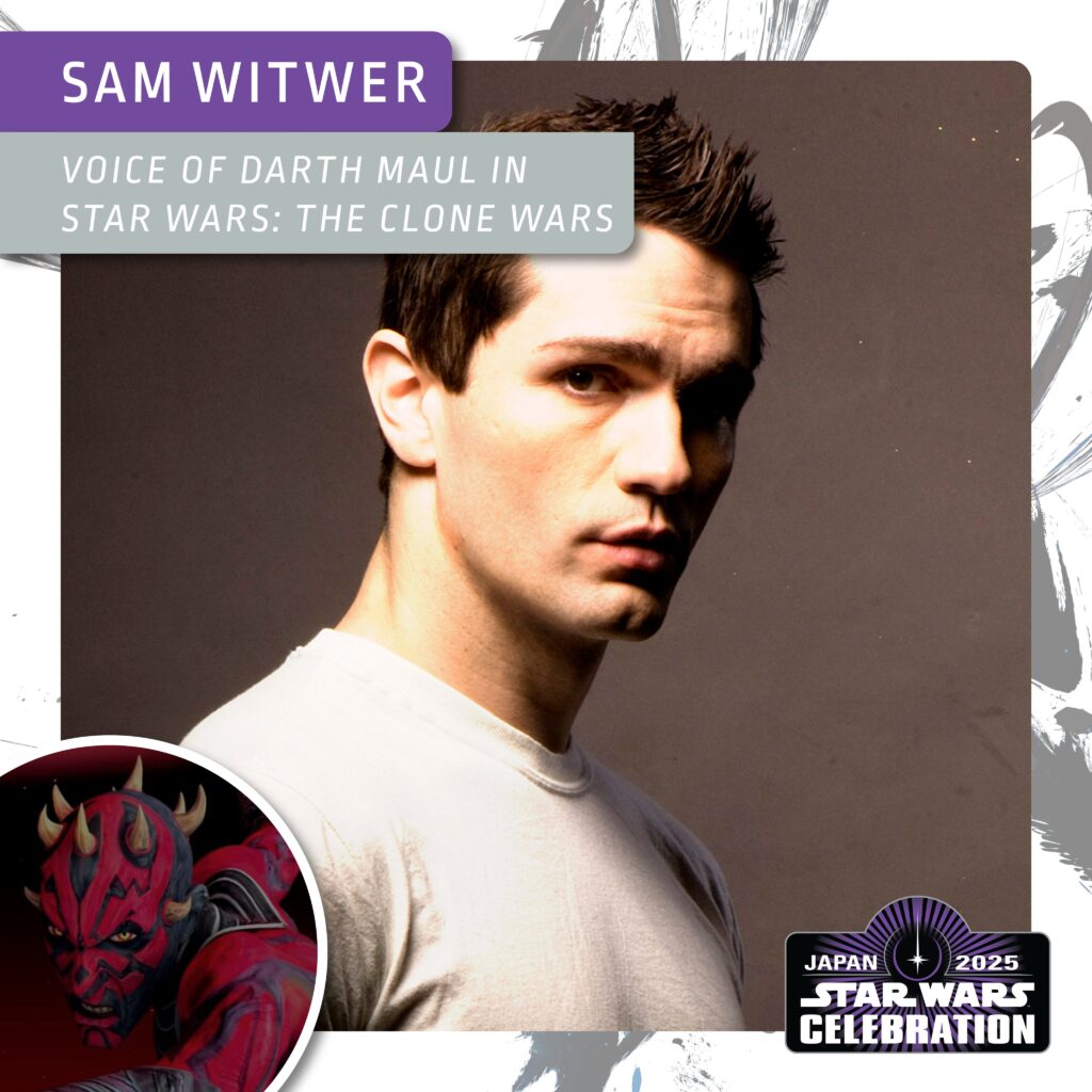 Eine Grafik mit einem Foto des Schauspielers Sam Witwer und einem Symbol in der unteren linken Ecke, das Darth Maul aus Star Wars: The Clone Wars zeigt. In der rechten unteren Ecke befindet sich das Logo der Star Wars Celebration Japan.