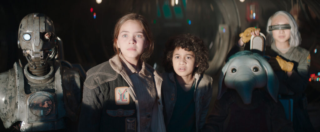 (L-R) SM-33, Fern, Wim, Neel, KB in Lucasfilm’s STAR WARS: SKELETON CREW