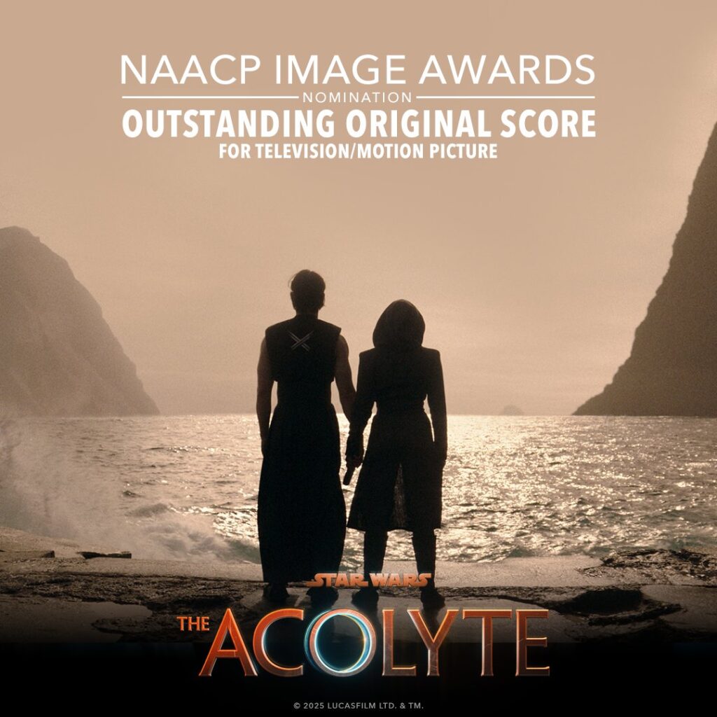 Text: NAACP Image Awards Nomination Outstanding Orginal Score For Television/ Motion Picture. Im Hintergrund ein Bild aus der Serie. Unten das Logo von The Acolyte.