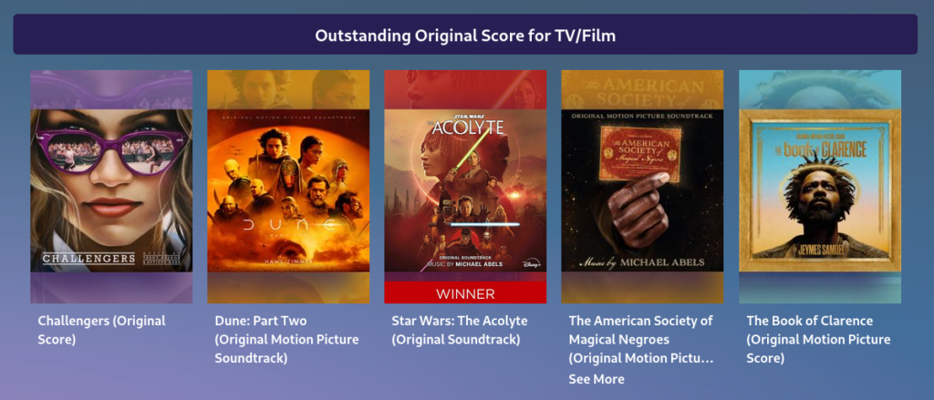 Screenshot der Nominierten in der Kategorie "Outstanding Original Score for TV/Film" auf naacpimageawards.net