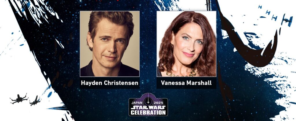 Promo-Grafiken mit Portraits von Hayden Christensen und Vanessa Marshall, darunter das Logo der Star Wars Celebration Japan 2025