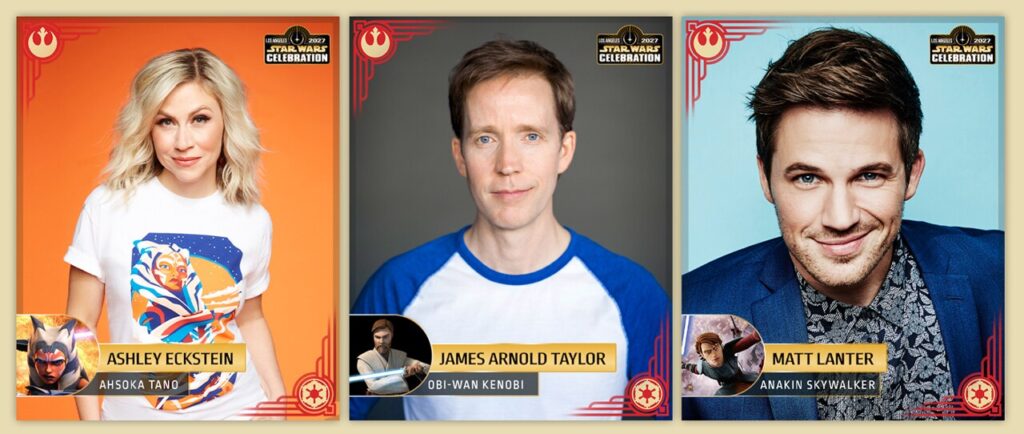 Promo-Grafik von Ashley Eckstein, James Arnold Taylor und Matt Lanter für die Star Wars Celebration 2027