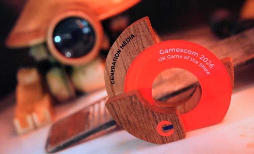 Bild des UK Game of the Show-Award mit einem unscharfen Droiden im Hintergrund